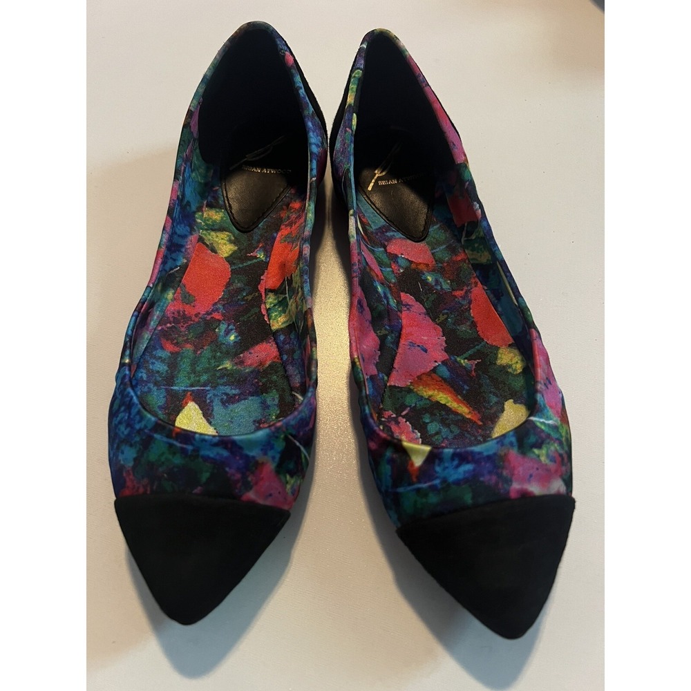 Brian Atwood BFAVIGNON Rainbow Floral Black Contrast Pointed Toe Flats Size 7
